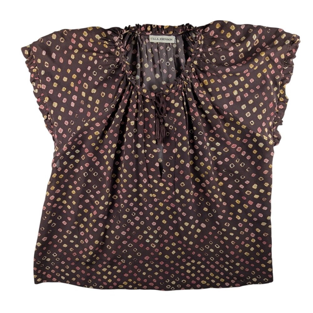 Ulla Johnson Blouse Brown Print Ruffle Neck Tie Short Sleeve‎ Top Sz S/XS?